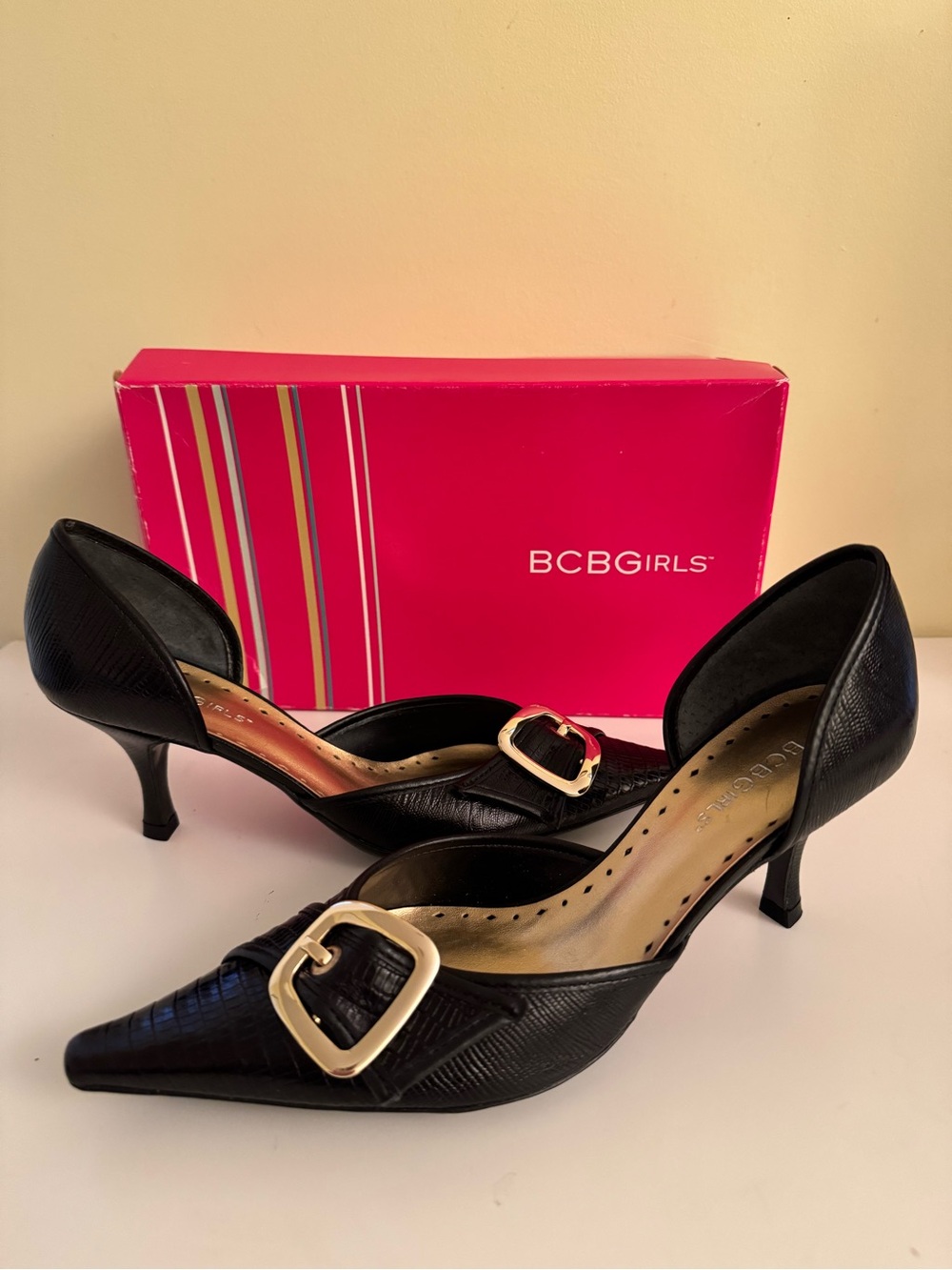 New BCBGirls Leather MONY Lizard Mestico Nappa Black Shoes Pumps, 8